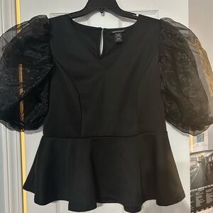 Ashley Stewart Black Sheer Puff Sleeve Blouse
